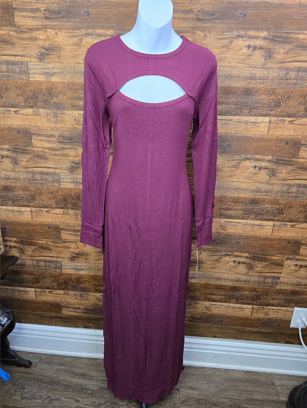 Long-Sleeve Maxi Dress with Front Keyhole in Berry Plum